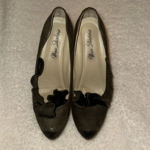 Deep olive green, suede heels